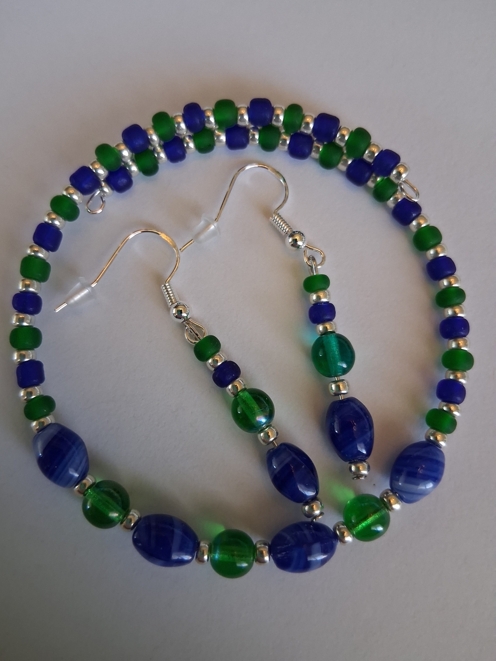 Handmade Blue and Green Beaded Bracelet & Matching Earrings W/Silver-Tones